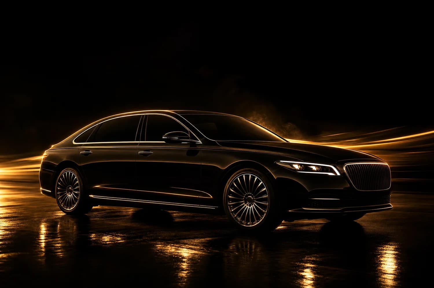 A premium executive car lit with warm gold at night